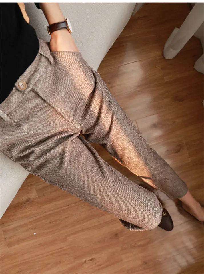 Calça de lã feminina com cintura alta elegante