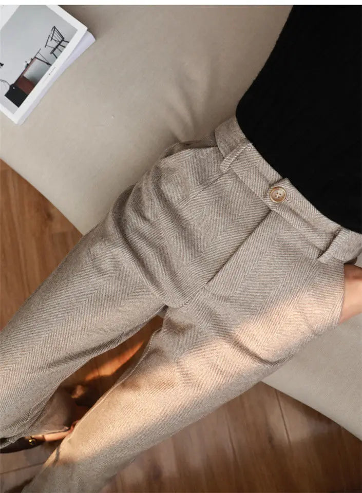 Calça de lã feminina com cintura alta elegante