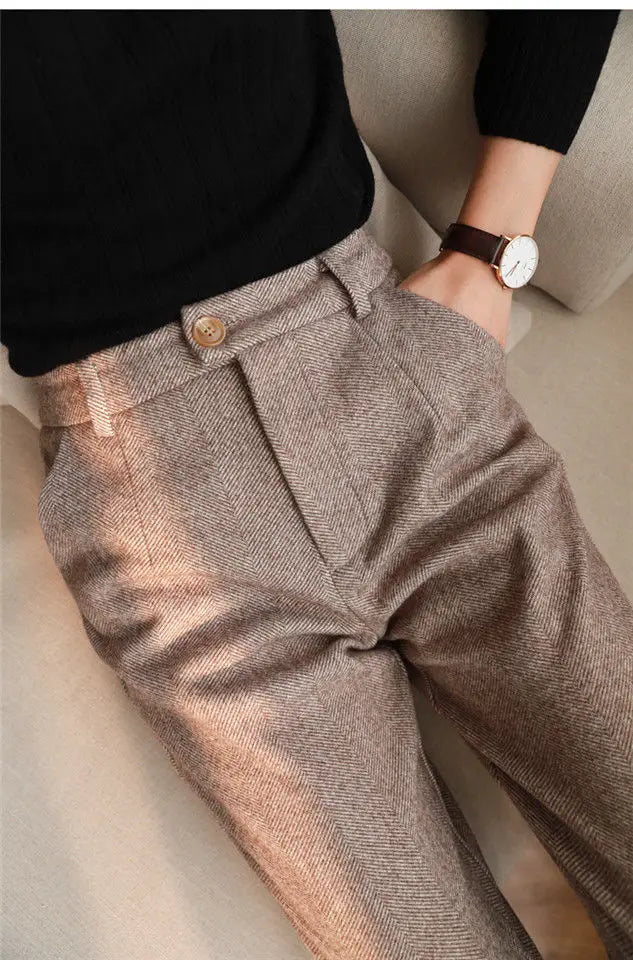 Calça de lã feminina com cintura alta elegante