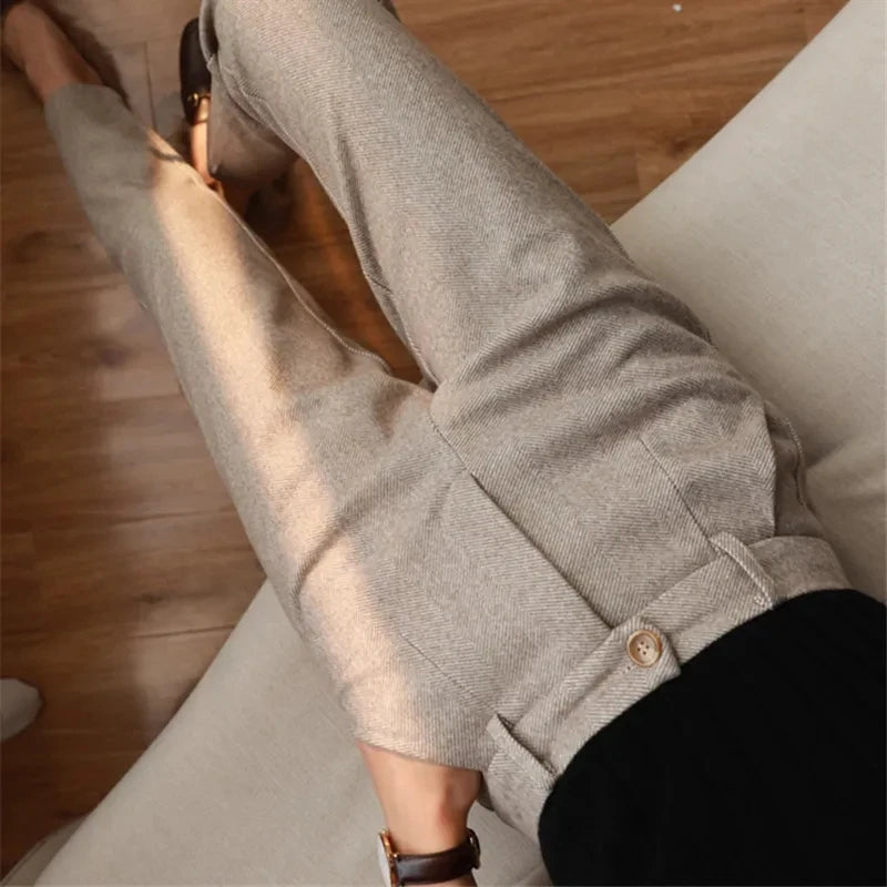 Calça de lã feminina com cintura alta elegante