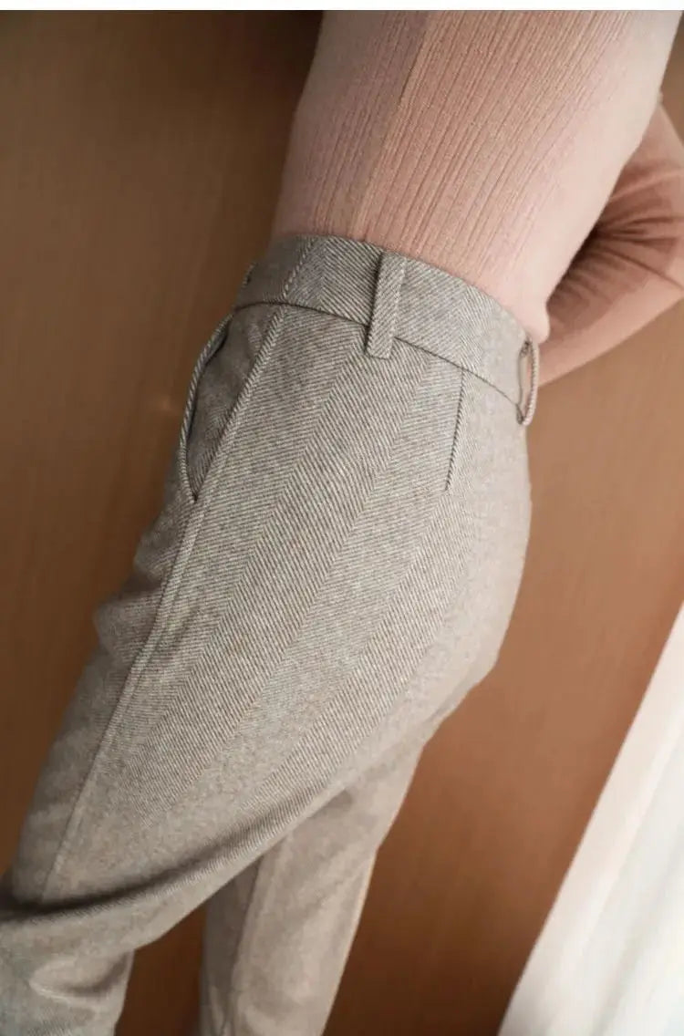 Calça de lã feminina com cintura alta elegante