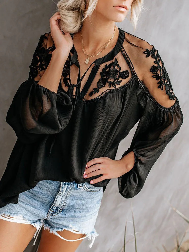 Blusa casual com manga longa de renda