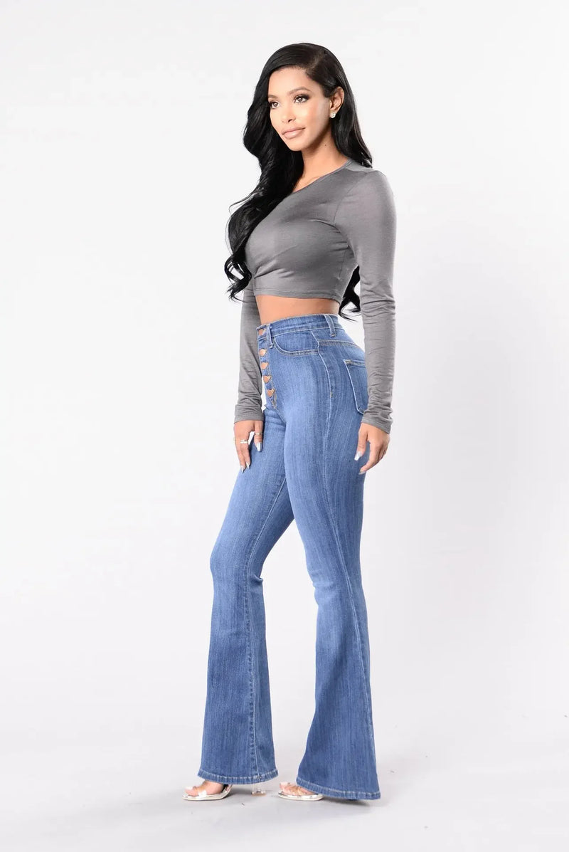 Calça Jeans Feminina Trespassado com cintura alta e botões