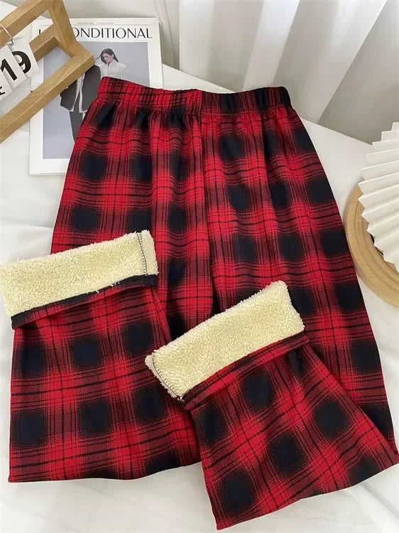 Calça xadrez de inverno com tecido macio por dentro