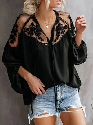 Blusa casual com manga longa de renda