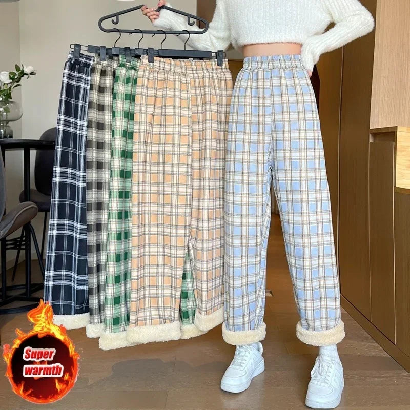 Calça xadrez de inverno com tecido macio por dentro